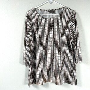 Easywear By Chicos Blouse Womens Size L 2 Brown Tan Geometric 3/4 Sleeve Top